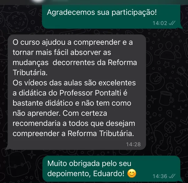 Depoimento de aluno do Prof. Mateus Pontalti no WhatsApp