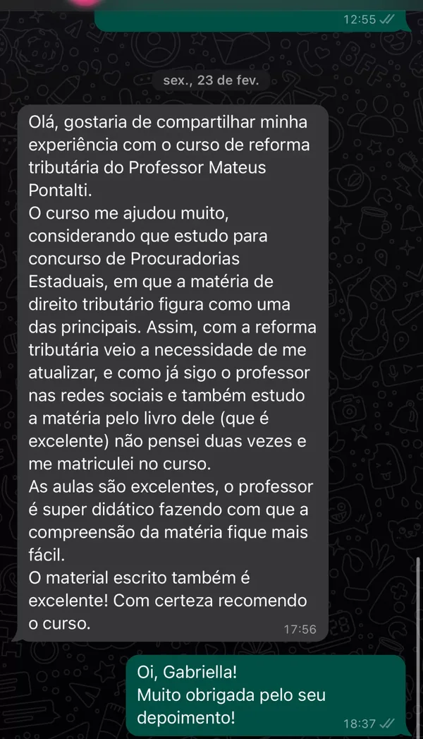 Depoimento de aluno do Prof. Mateus Pontalti no WhatsApp