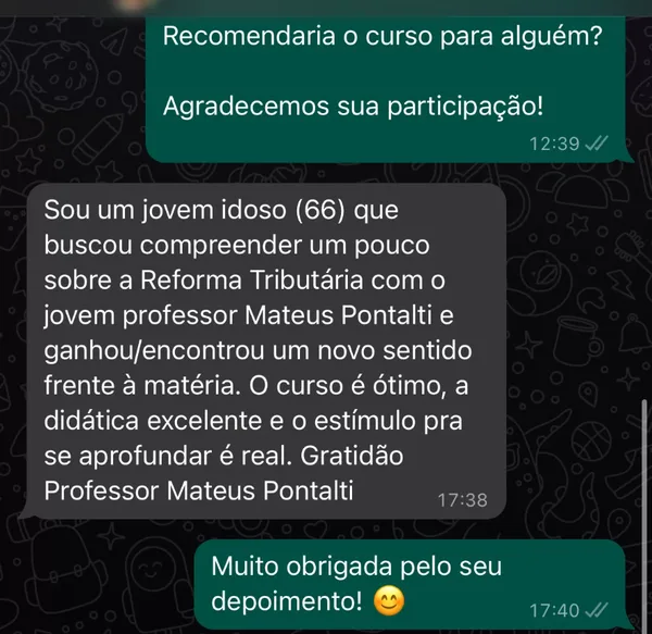 Depoimento de aluno do Prof. Mateus Pontalti no WhatsApp
