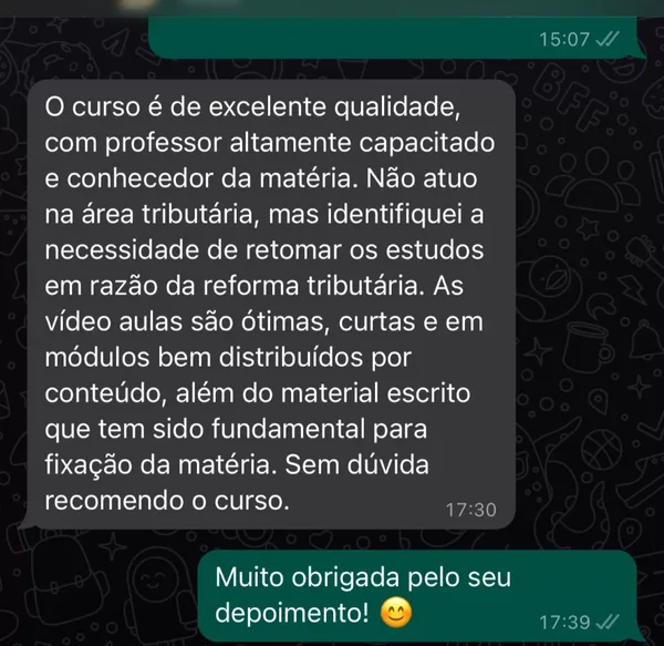 Depoimento de aluno do Prof. Mateus Pontalti no WhatsApp