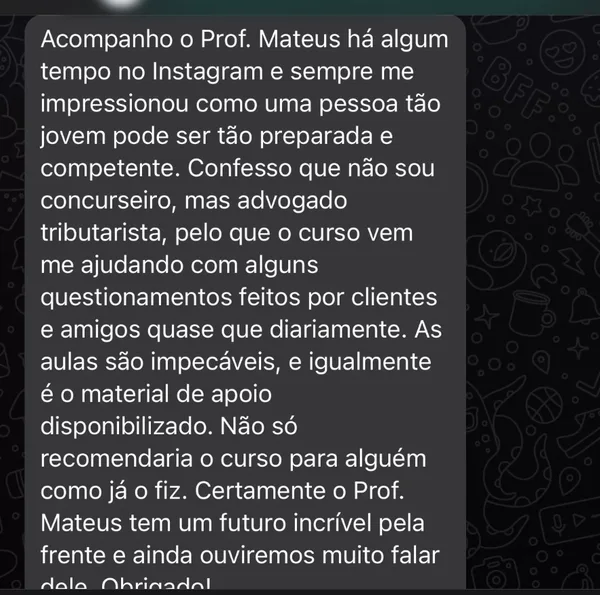 Depoimento de aluno do Prof. Mateus Pontalti no WhatsApp