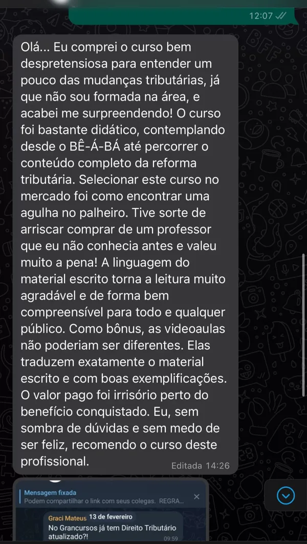 Depoimento de aluno do Prof. Mateus Pontalti no WhatsApp