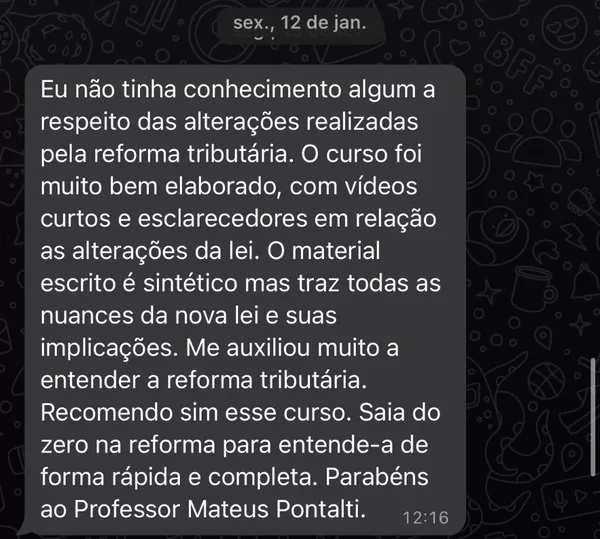 Depoimento de aluno do Prof. Mateus Pontalti no WhatsApp