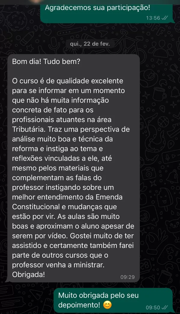 Depoimento de aluno do Prof. Mateus Pontalti no WhatsApp