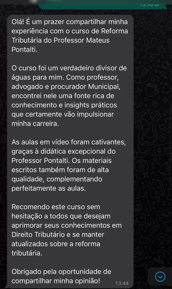 Depoimento de aluno do Prof. Mateus Pontalti no WhatsApp
