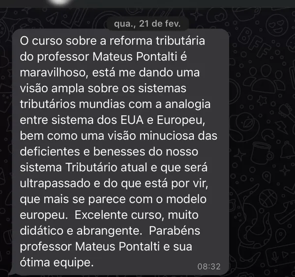 Depoimento de aluno do Prof. Mateus Pontalti no WhatsApp