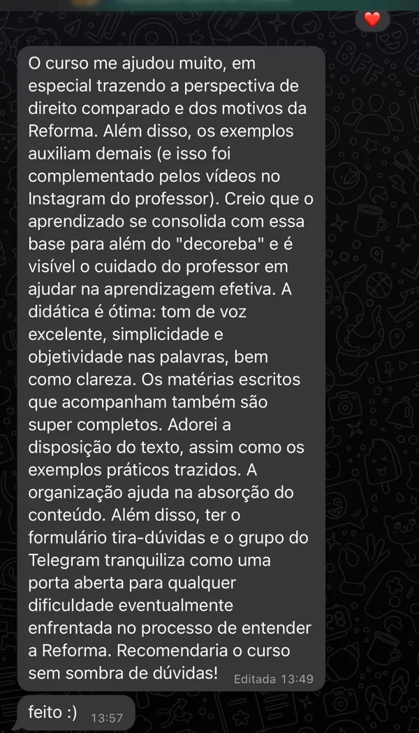 Depoimento de aluno do Prof. Mateus Pontalti no WhatsApp