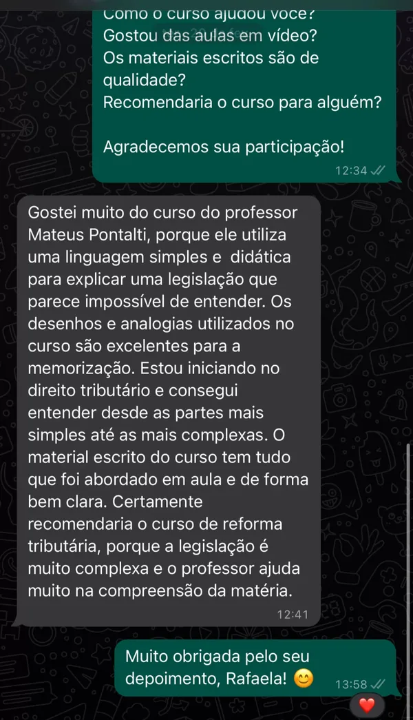 Depoimento de aluno do Prof. Mateus Pontalti no WhatsApp