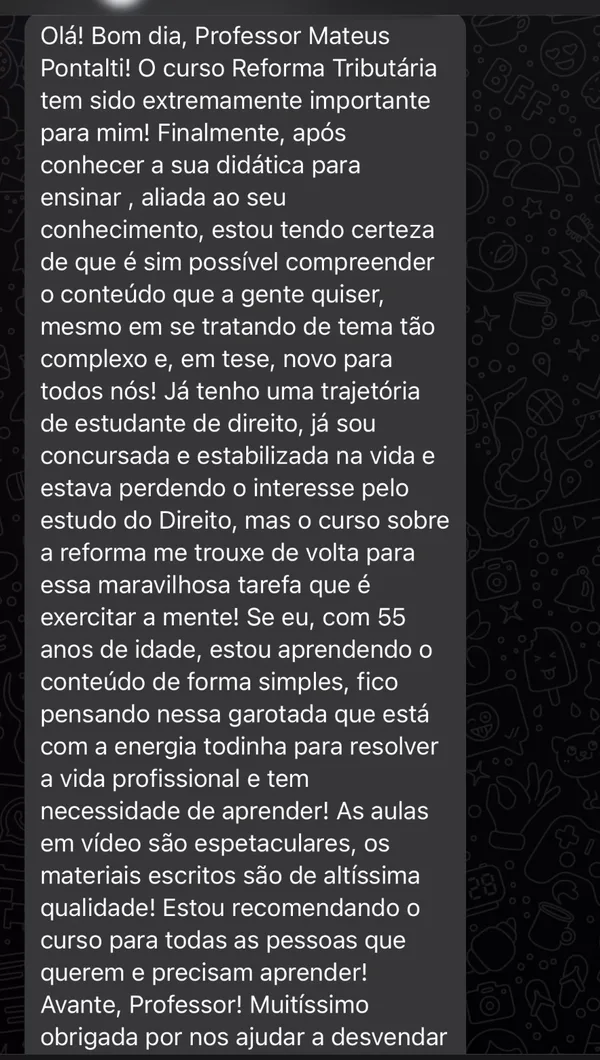 Depoimento de aluno do Prof. Mateus Pontalti no WhatsApp